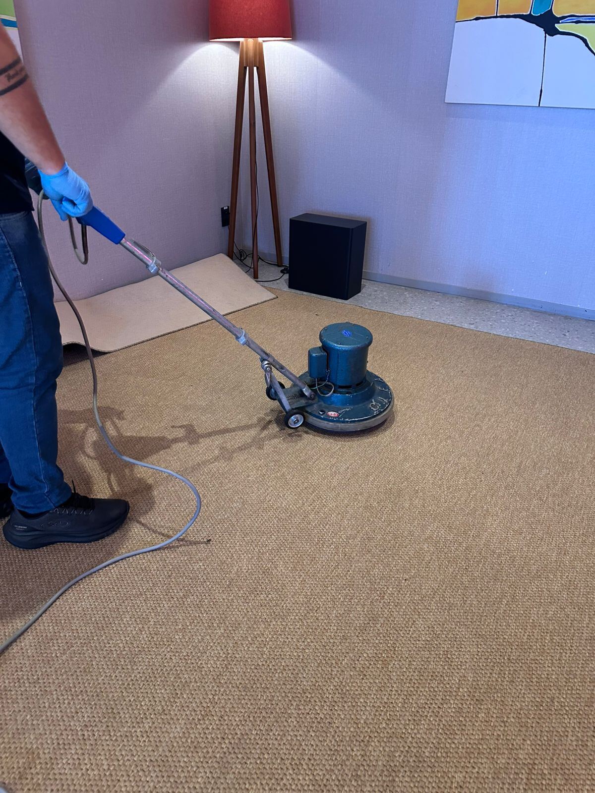 Higienização de carpete de sisal em sala corporativa com enceradeira